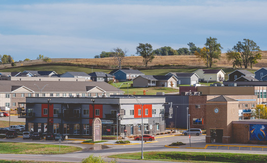 Commercial buildings in Winnebago, Neb., including headquarters of award-winning Ho-Chunk Village, and Ho-Chunk Village residential housing in background.  (Sam Burrish/Ho-Chunk, Inc.)