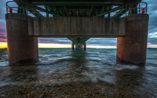 View from underneath of the Mackinac Bridge in Michigan, one of the longest suspension bridges in the world. (ehrlif/Adobe Stock)