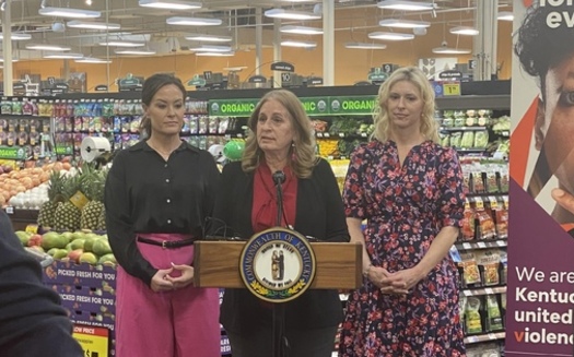 Kentucky's First Lady Britainy Beshear and others speak at the kick-off event for Shop and Share. According to ZeroV, 34% of Kentucky women and 14% of Kentucky men have experienced sexual violence, physical violence and/or stalking. (Angela Conway)