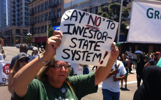 Protesters rallied in San Diego in 2012 against trade agreements that allow corporations to sue for future profits when governments deny permits. (Arthur Stamoulis/Trade Justice Education Fund)<br />