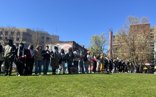 Students and faculty at Northeastern University in Boston surround a pro-Palestinian encampment on their school's campus, which stood for two days before administrators called in police to remove it. (Ehn)