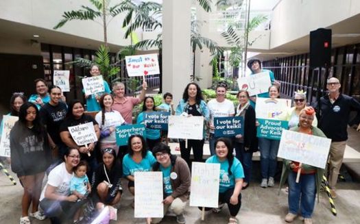 Children's advocates rallied in Hilo in March, calling for state investments in affordable childcare and early learning. (Hawaii Children's Action Network)