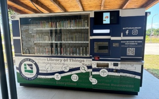 The kiosk is operational 24 hours a day. Books, DVDs, and Audiobooks can be returned at the kiosk. <br />(Photo courtesy Little Elm Library) 