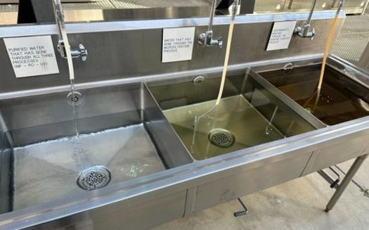 Three sinks show wastewater after it goes through each purification step at a water treatment plant in Orange County, Calif. (Matt Vasilogambros/Stateline)