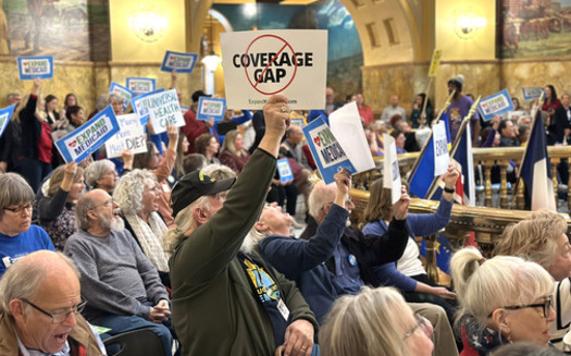 Protestors rallied for Medicaid expansion at the Kansas Statehouse in March. (Lacey Kennett/Alliance for a Healthy Kansas)