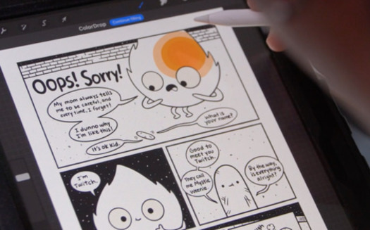Rocky Casillas Aguirre adds a pop of color to 'Twitch the Flame,' a main character in his comic series which focuses on mental health for kids. (Photo courtesy of Casillas Aguirre)