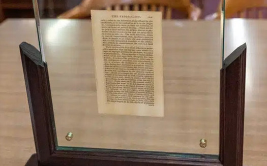 The Indiana Supreme Court Law Library found in its basement a framed, printed page from the 1788 McLean two-volume set of the Federalist Papers. (Connor Burress/TheStatehouseFile.com)