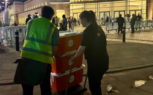 Pacience Edwards, a Direct Relief pharmacy specialist, delivers essential medications to the Pasadena Convention Center on Jan. 9. (Direct Relief)
