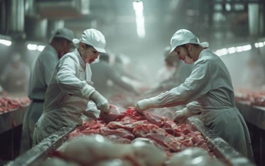 The 'piece rate' system can determine a slaughterhouse worker's pay based on their production output, or how many pieces of meat they are able to process during their shift. (Adobe Stock) 
