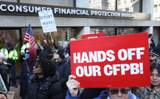 Protestors voiced their support for the Consumer Financial Protection Bureau at a rally in Washington, D.C., on Feb. 8, 2025. (Americans for Financial Reform)<br />