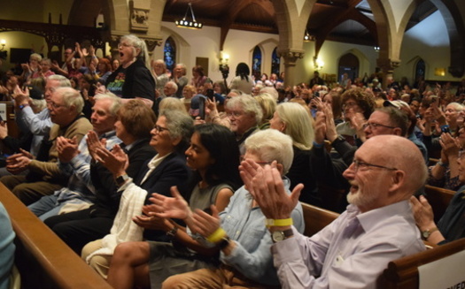 Around 500 people gathered at the Cathedral Church of the Nativity in Bethlehem, Pa., for a town hall to discuss concerns about potential cuts to Medicaid, SNAP and Social Security. (Anna Gustafson)