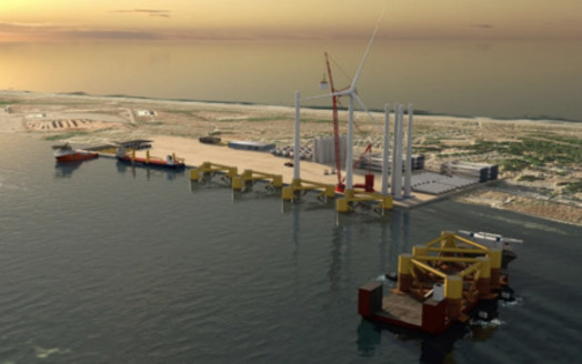 An artist's rendering shows the offshore wind terminal proposed in Humboldt Bay.  (Aker Offshore Wind/Humboldt Bay Harbor, Recreation and Conservation District)<br />