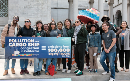 Clean air advocates rallied at Los Angeles City Hall last spring to increase support for a rule to combat air pollution at the ports. (4th Street Productions)<br />