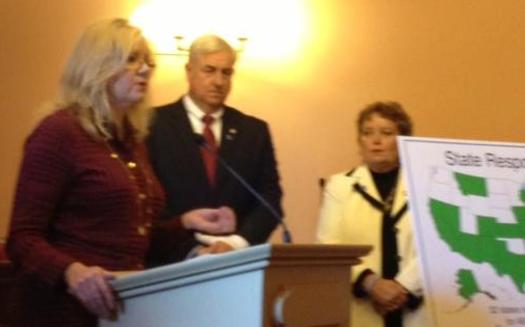 PHOTO: Picture of Marla Root at a Statehouse conference introducing the new legislation.