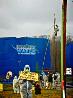 PHOTO: Members of Appalachia Resist! are protesting plans that would allow fracking waste to be shipped by barge on the Ohio River.