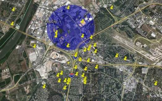 Pinned locations show resident odor complaints outside the one mile radius MCE says it is not meant to be a scientific analysis.  Courtesy of: MCE