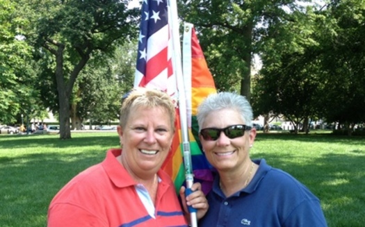 PHOTO: Maryland couple Michele Horrigan and Deb Gardiner celebrate DOMA decision at the U.S. Supreme Court.