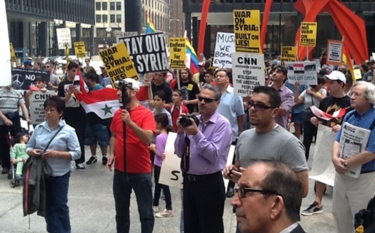 Opponents of a strike on Syria protested outside the Dirksen Federal Building in Chicago Saturday     Courtesy of: AFSC