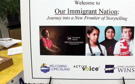Photo: Welcome sign from gathering at the Patchogue Artspace to introduce Immigrant Nation interactive story telling tool at beta.immigrant-nation.com Photo credit: Maria del Mar Piedrabuena