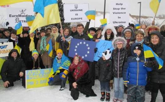 PHOTO: Michigan's Ukrainian community has held several rallies like this one to raise awareness and show support for their homeland, while also working to gather donations and send medical supplies and other needed items overseas. Photo courtesy of M. Howlyrak. 