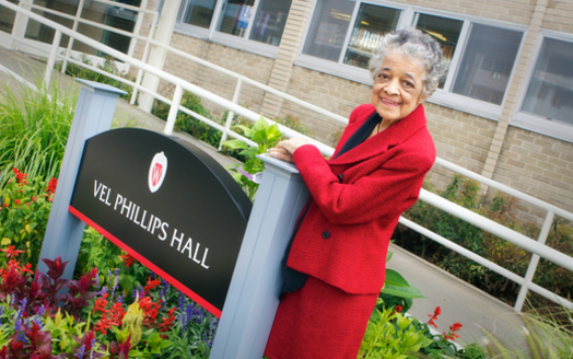 PHOTO: 90-year-old Wisconsin Civil Rights pioneer Vel Phillips is the keynote speaker at a daylong observation of the 50th anniversary of the 1964 Civil Rights act, at UW-Madison on Wednesday. (UW-Madison Law School photo)