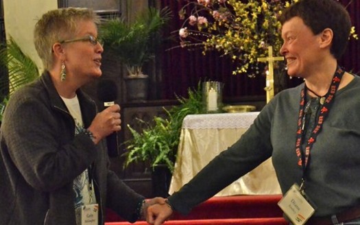 PHOTO: Last Sunday, Cathy McGaughey, left, proposed to Diane Ansley, right, her partner of 14 years, at Asheville's First Congregational United Church of Christ. Photo courtesy of McGaughey.