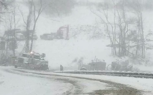 PHOTO: 2014 accident involving a truck carrying freshwater for fracking occurred adjacent to Seneca Lake, Ohio. CREDIT: FracTracker/Leatra Harper.